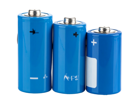 Three blue batteries, ranging in size, lined up against a black background, showcasing cylindrical shapes and power