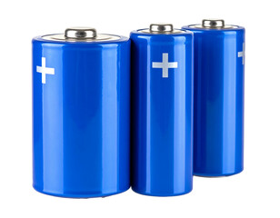 Three blue cylindrical batteries with a plus sign, arranged in a row, isolated on a black background, studio shot