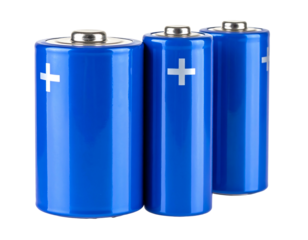 Three blue cylindrical batteries with a plus sign, arranged in a row, isolated on a black background, studio shot