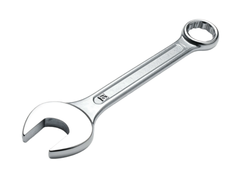 Metallic wrench angled on black background, showing open and closed ends with reflective surfaces
