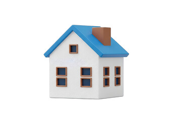 White 3D House Model with Blue Roof and Brown Chimney on Black Background, Windows