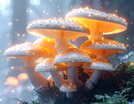 A cluster of glowing mushrooms in a dreamy, forest setting - Powered by Adobe