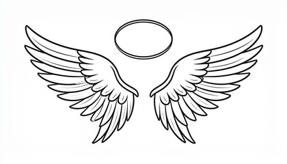 Obraz premium Angel Wings and Halo Outline Vector Illustration, Divine Symbol of Purity and Spirituality, Heavenly Design Element for Graphic Projects