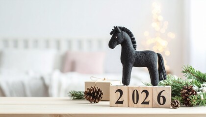 明るい室内のレトロな木の机の上に置かれた、2026年の数字が書かれた木のブロックと、黒い羊毛フェルトの馬のぬいぐるみ。全体的に穏やかで希望に満ちた雰囲気。来年の干支