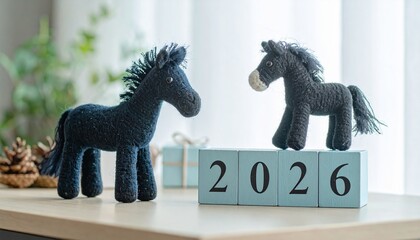 明るい室内のレトロな木の机の上に置かれた、2026年の数字が書かれた水色の木のブロックと、2頭の黒い羊毛フェルトの馬のぬいぐるみ。手前の一頭はブロックの横に立ち、もう一頭はブロックの上に顔を向けており、まるで対話しているかのような微笑ましい構図。全体的に穏やかで希望に満ちた雰囲気。来年の干支