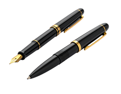 Two black & gold pens, one a fountain pen, one a ballpoint, angled on a black surface, lit professionally