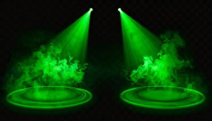 Green spotlight with smoke and glowing stage on dark background, empty illuminated platform for product display, abstract theatrical lighting effect