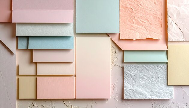 Soft Pastel Color Swatches Arranged in Geometric Patterns with Subtle Sparkle and Textured Surfaces