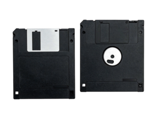 Two black 5.25" floppy disks sit against a black background, one label facing forward, the other backwards