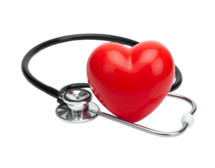 Red heart nestled in a stethoscope loop against a dark background, symbolizing health and medicine