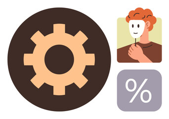 Gearwheel icon alongside person holding mask and percentage symbol. Ideal for identity, self-analysis, transformation, growth, management, calculation, productivity themes. Simple flat metaphor