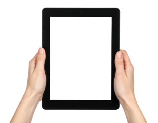 Two hands holding a black tablet, with a blank, white screen, against a transparent background