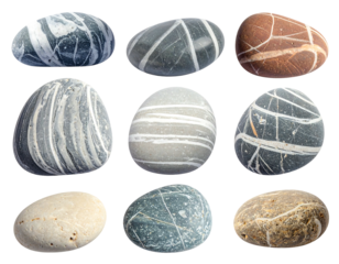 Nine oval stones with stripes, each set on a black backdrop, exhibit unique patterns of white and gray hues