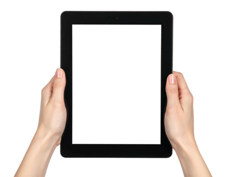 Two hands holding a black tablet, with a blank, white screen, against a transparent background