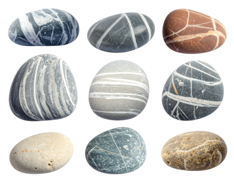 Nine oval stones with stripes, each set on a black backdrop, exhibit unique patterns of white and gray hues