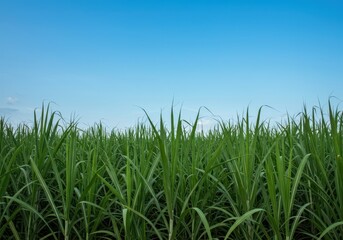 Fototapeta premium A dense, thriving agricultural landscape featuring tall green sugarcane stalks filling the frame under a clear blue sky, illustrating raw growth ,farming ,green ,field
