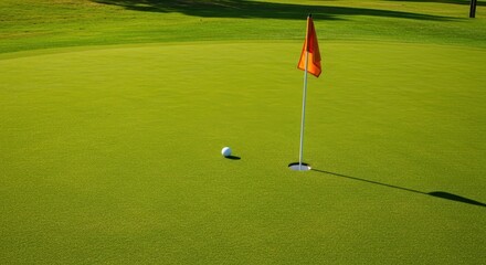 A perfect view of a manicured putting green on a sunny day with the flagstick indicating the cup location ,grass ,recreation ,lush