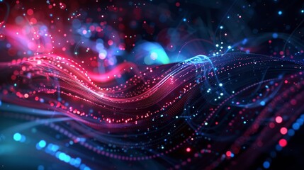 Obraz premium Abstract background with red and blue glowing particles and lines.