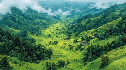 Obraz premium Lush green valley landscape, vibrant rolling hills with dense forest, misty mountains in the background, serene natural beauty.