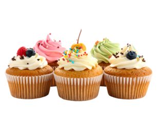 Row of cupcakes with varying colored frostings and toppings against a transparent background