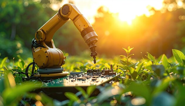Yellow robotic arm extending over green tea plantation with bright sunflare during sunset