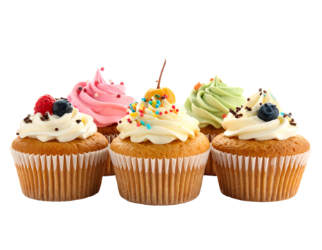 Row of cupcakes with varying colored frostings and toppings against a transparent background