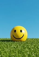 A cheerful, vibrant yellow smiley object resting peacefully on a patch of lush green lawn under a perfect, clear, sunny blue sky ,simple face ,icon ,happy