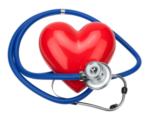 Red heart with blue stethoscope winding around, isolated against a black background