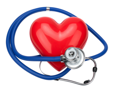 Red heart with blue stethoscope winding around, isolated against a black background