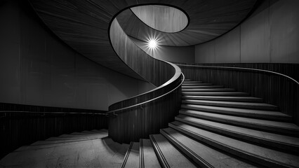 Spiral architectural staircase.Black and white photograph, dramatic high contrast lighting, ascending towards a single, intense warm glow at the top, implying a shared journey. Architectural, ascent.