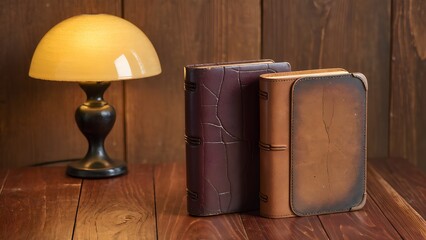 Vintage books and warm lamp on a rustic wooden table.