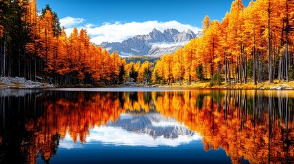 Naklejka premium Vibrant autumn reflections dolomites nature photography scenic lake tranquil viewpoint natural beauty