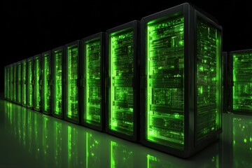 A futuristic data center powered by green energy, featuring a row of glowing servers in a dark room.