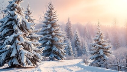 This serene winter landscape features a snowy road winding through a forest of pine trees heavily laden with snow, set under a soft, misty sunrise