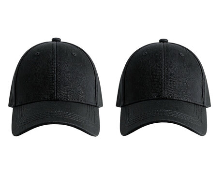 Two black baseball caps sit against a black background in a simple, product style display
