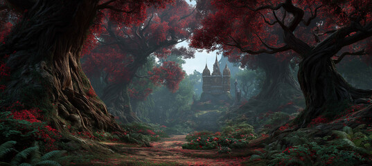 Enchanted forest castle nestled among majestic red trees, a captivating scene for fantasy book covers and magical realm backgrounds