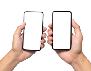 Two hands holding smartphones with blank white screens against a solid black background, isolated