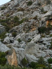 A stunning vertical view of a steep and rocky canyon wall showing the immense scale and beautiful textures of the natural geology