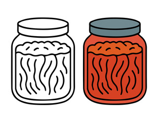Glass jar filled with kimchi, shown in outline and colored versions, perfect for food, fermenting, or Korean cuisine-themed coloring pages.