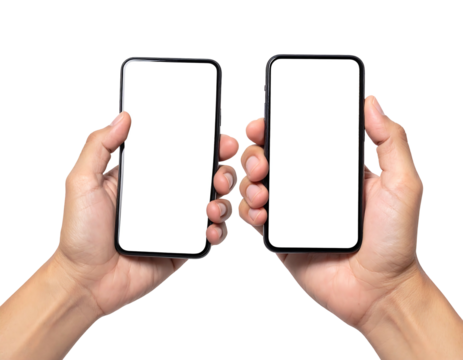 Two hands holding smartphones with blank white screens against a solid black background, isolated