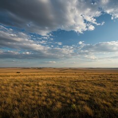Fototapeta premium A panoramic view of vast rolling hills under an immense open sky, showcasing the limitless, tranquil expanse of the untouched wilderness ,geography ,enormous ,field