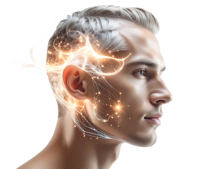 Profile view of a man with light emanating from his head, like a network of glowing energy paths