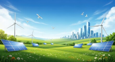 Futuristic City under Clear Sky with Sustainable Energy, Solar Panels and Wind Turbines