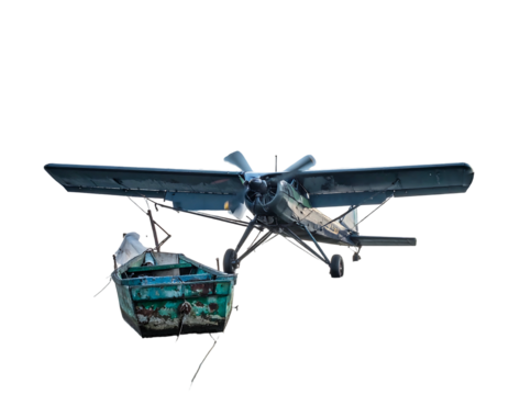 Prop plane oddly carries a weathered boat aloft against a stark, solid black backdrop