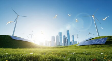 Futuristic City under Clear Sky with Sustainable Energy, Solar Panels and Wind Turbines