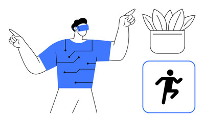 Man wearing VR headset surrounded by digital circuits, potted plant, and running icon. Ideal for technology, gaming, virtual reality, innovation, fitness eco-tech modern design. Minimalistic flat