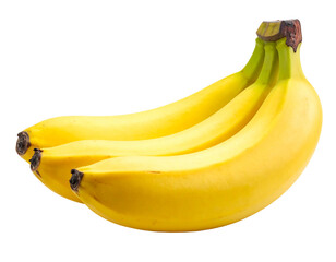 Three bright yellow bananas clustered together against a stark black background, ripe and ready to eat