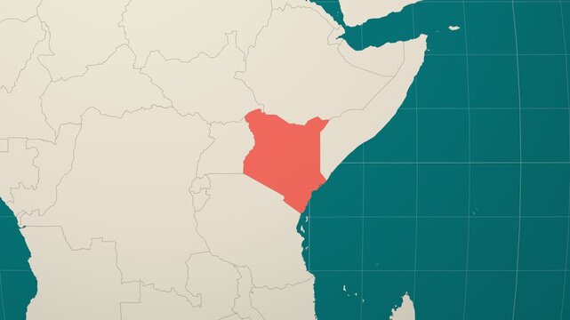 Kenya map. Animated zoom into the country on the Globe in Teal Pale Mint color palette. Country logo animation. Map with meridians, parallels. Awesome video.