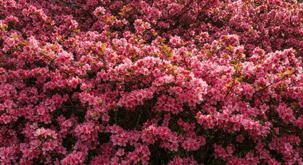 Fototapeta premium Vibrant pink and white blossoms densely cover a healthy garden shrub bathed in warm daylight, representing spring growth and natural beauty ,petals ,vibrant ,blossom