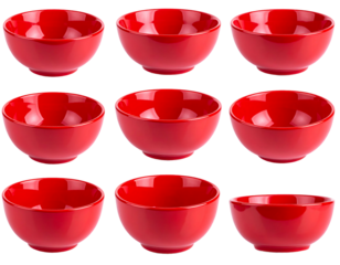 Nine red bowls arranged in a grid formation on a black background, featuring reflections